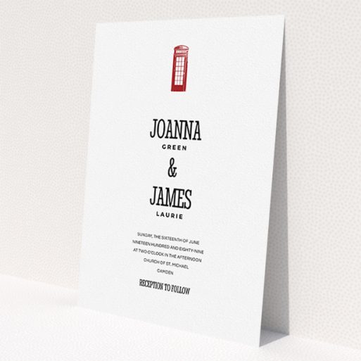 A wedding invite card design titled 'Answer the phone'. It is an A5 invite in a portrait orientation. 'Answer the phone' is available as a flat invite, with tones of white and red.