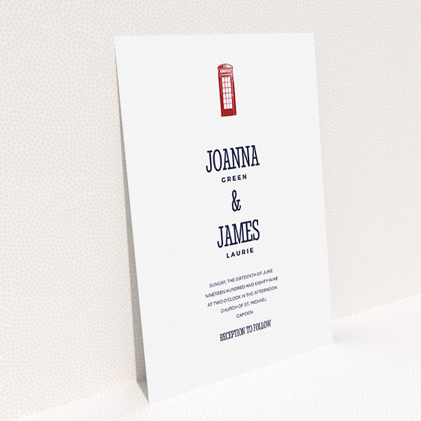 A wedding invite card design called "Answer the phone". It is an A5 invite in a portrait orientation. "Answer the phone" is available as a flat invite, with tones of white and red.