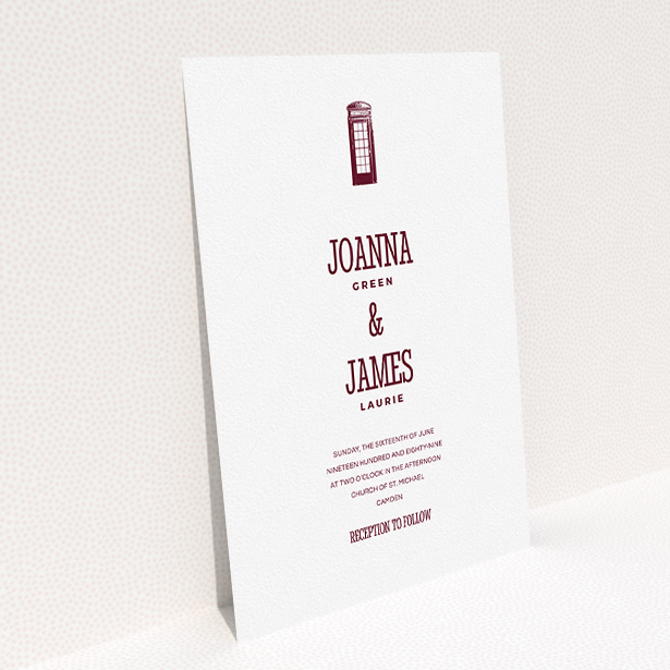 A wedding invite card template titled "Answer the phone". It is an A5 invite in a portrait orientation. "Answer the phone" is available as a flat invite, with tones of white and burgundy.