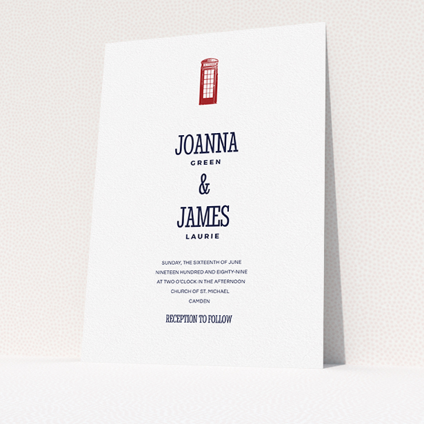 A wedding invite card design called "Answer the phone". It is an A5 invite in a portrait orientation. "Answer the phone" is available as a flat invite, with tones of white and red.