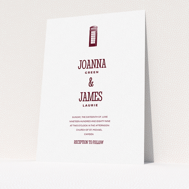 A wedding invite card template titled "Answer the phone". It is an A5 invite in a portrait orientation. "Answer the phone" is available as a flat invite, with tones of white and burgundy.