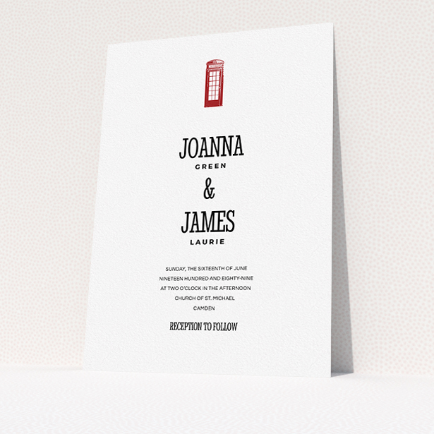 A wedding invite card design titled "Answer the phone". It is an A5 invite in a portrait orientation. "Answer the phone" is available as a flat invite, with tones of white and red.