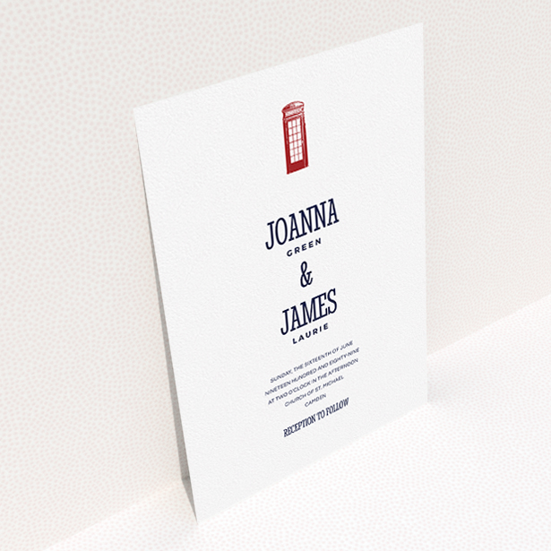 A wedding invite card design called "Answer the phone". It is an A5 invite in a portrait orientation. "Answer the phone" is available as a flat invite, with tones of white and red.