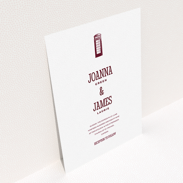 A wedding invite card template titled "Answer the phone". It is an A5 invite in a portrait orientation. "Answer the phone" is available as a flat invite, with tones of white and burgundy.