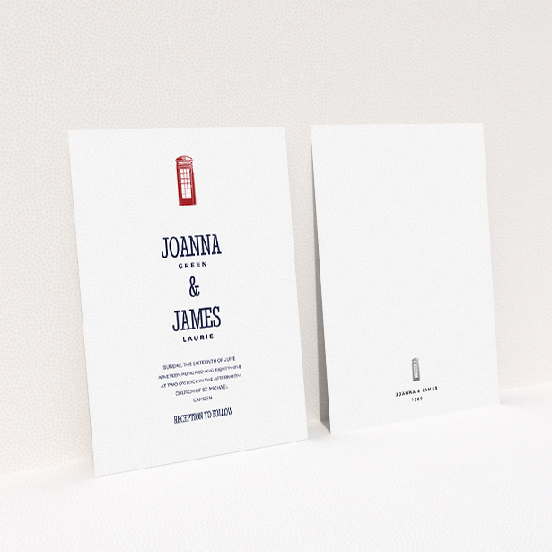 A wedding invite card design called "Answer the phone". It is an A5 invite in a portrait orientation. "Answer the phone" is available as a flat invite, with tones of white and red.