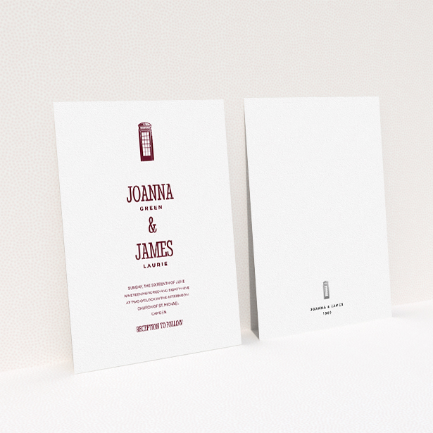 A wedding invite card template titled "Answer the phone". It is an A5 invite in a portrait orientation. "Answer the phone" is available as a flat invite, with tones of white and burgundy.