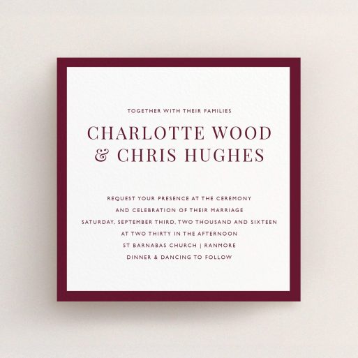 A wedding invite card design named "As it is". It is a square (148mm x 148mm) invite in a square orientation. "As it is" is available as a flat invite, with tones of burgundy and white.