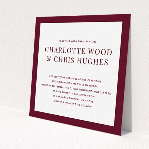A wedding invite card design named 'As it is'. It is a square (148mm x 148mm) invite in a square orientation. 'As it is' is available as a flat invite, with tones of burgundy and white.