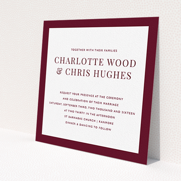A wedding invite card design named "As it is". It is a square (148mm x 148mm) invite in a square orientation. "As it is" is available as a flat invite, with tones of burgundy and white.