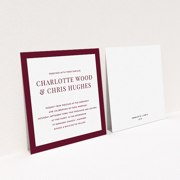 A wedding invite card design named "As it is". It is a square (148mm x 148mm) invite in a square orientation. "As it is" is available as a flat invite, with tones of burgundy and white.