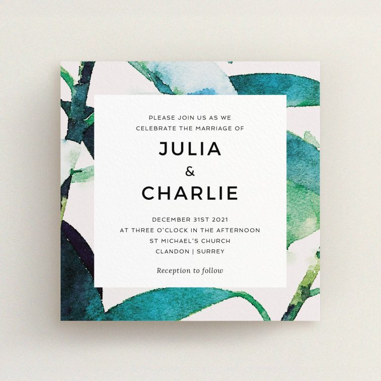 A wedding invite card template titled "Bamboo". It is a square (148mm x 148mm) invite in a square orientation. "Bamboo" is available as a flat invite, with tones of green, blue and light grey.