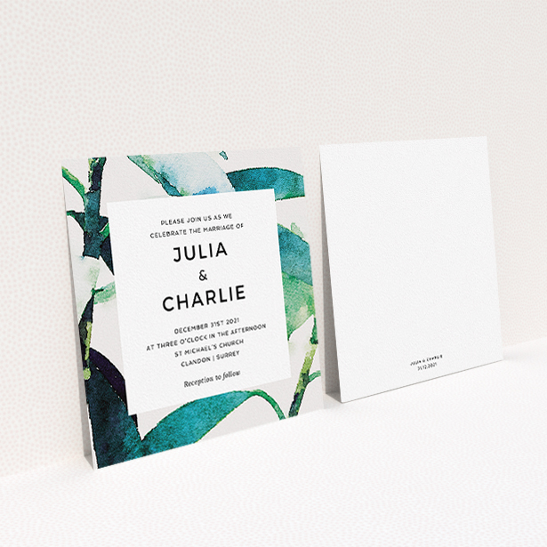 A wedding invite card template titled "Bamboo". It is a square (148mm x 148mm) invite in a square orientation. "Bamboo" is available as a flat invite, with tones of green, blue and light grey.