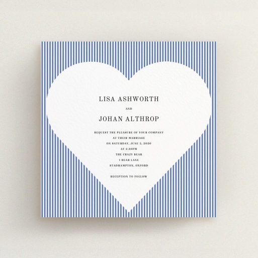 A wedding invite card design titled "Between the Lines". It is a square (148mm x 148mm) invite in a square orientation. "Between the Lines" is available as a flat invite, with tones of blue and white.