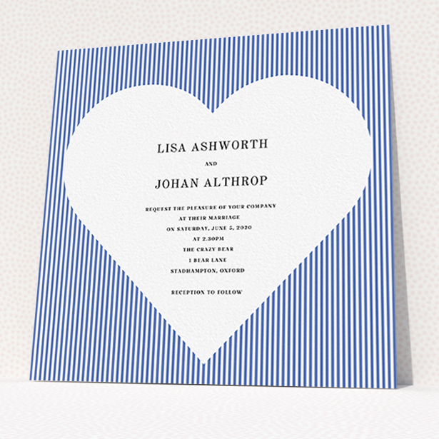 A wedding invite card design titled "Between the Lines". It is a square (148mm x 148mm) invite in a square orientation. "Between the Lines" is available as a flat invite, with tones of blue and white.