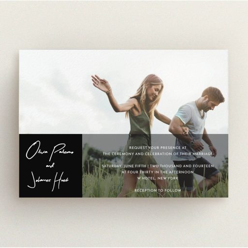 A wedding invite card called "Black on black". It is an A5 invite in a landscape orientation. It is a photographic wedding invite card with room for 1 photo. "Black on black" is available as a flat invite, with mainly black colouring.