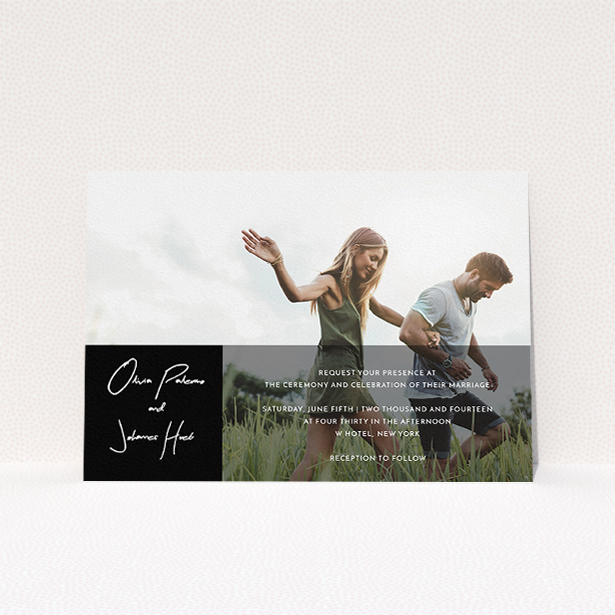 A wedding invite card called "Black on black". It is an A5 invite in a landscape orientation. It is a photographic wedding invite card with room for 1 photo. "Black on black" is available as a flat invite, with mainly black colouring.