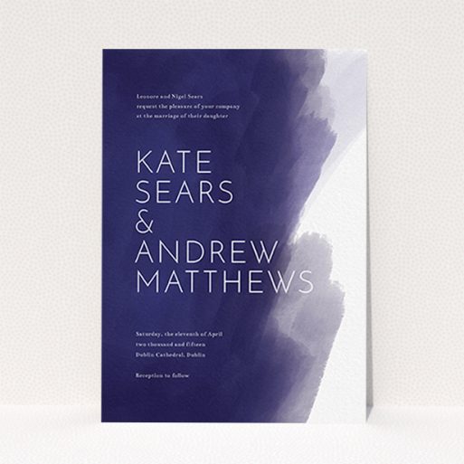 A wedding invite card design named "Blue and Cream". It is an A6 invite in a portrait orientation. "Blue and Cream" is available as a flat invite, with tones of blue and white.