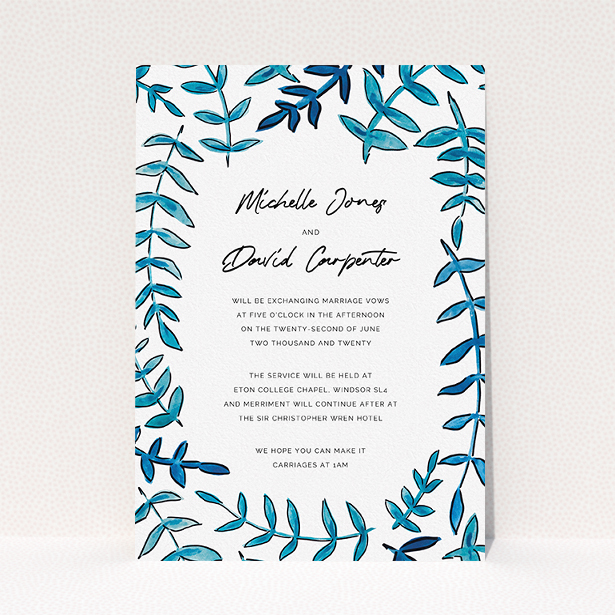 A wedding invite card design titled "Blue Branch Swirl". It is an A5 invite in a portrait orientation. "Blue Branch Swirl" is available as a flat invite, with tones of blue and white.