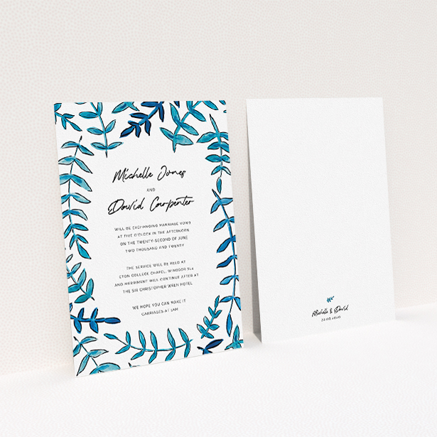 A wedding invite card design titled "Blue Branch Swirl". It is an A5 invite in a portrait orientation. "Blue Branch Swirl" is available as a flat invite, with tones of blue and white.