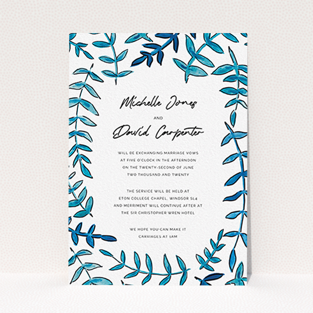 A wedding invite card design named "Blue Branch Swirl". It is an A6 invite in a portrait orientation. "Blue Branch Swirl" is available as a flat invite, with tones of blue and white.
