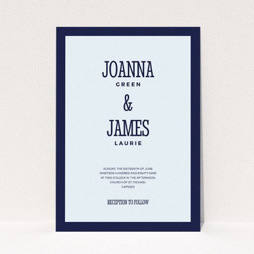 A wedding invite card design titled "Bold border". It is an A5 invite in a portrait orientation. "Bold border" is available as a flat invite, with mainly blue colouring.