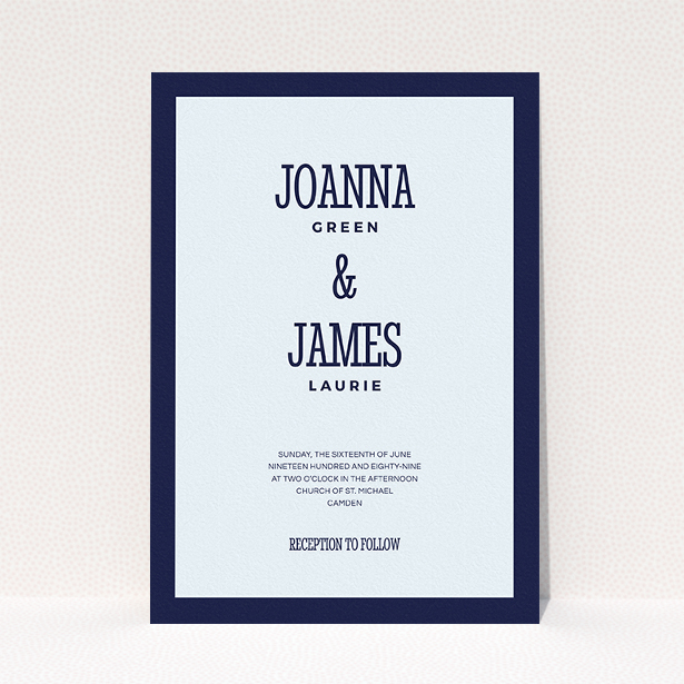 A wedding invite card design titled "Bold border". It is an A5 invite in a portrait orientation. "Bold border" is available as a flat invite, with mainly blue colouring.