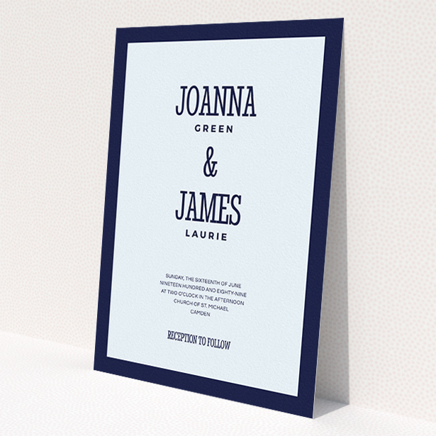 A wedding invite card design titled "Bold border". It is an A5 invite in a portrait orientation. "Bold border" is available as a flat invite, with mainly blue colouring.