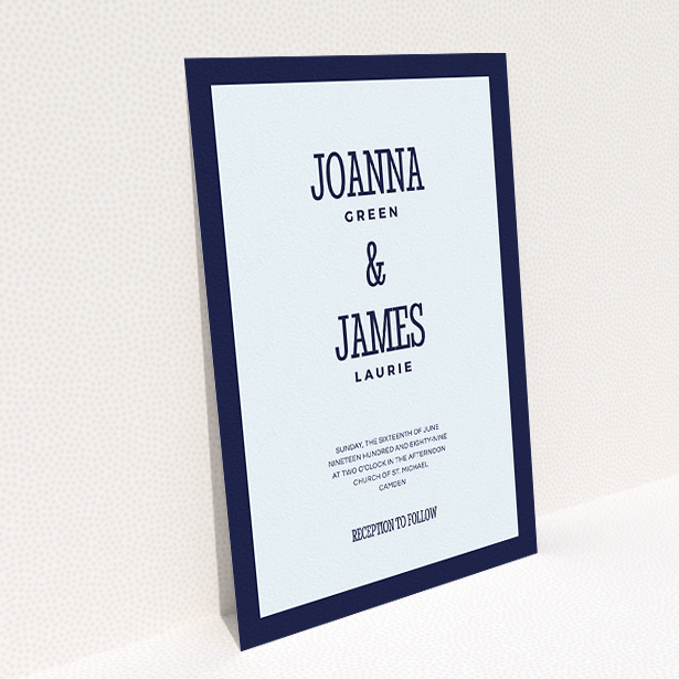 A wedding invite card design titled "Bold border". It is an A5 invite in a portrait orientation. "Bold border" is available as a flat invite, with mainly blue colouring.