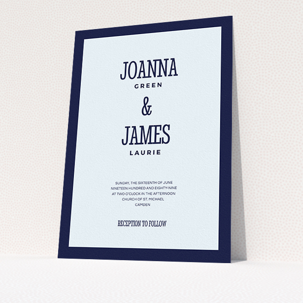 A wedding invite card design titled "Bold border". It is an A5 invite in a portrait orientation. "Bold border" is available as a flat invite, with mainly blue colouring.