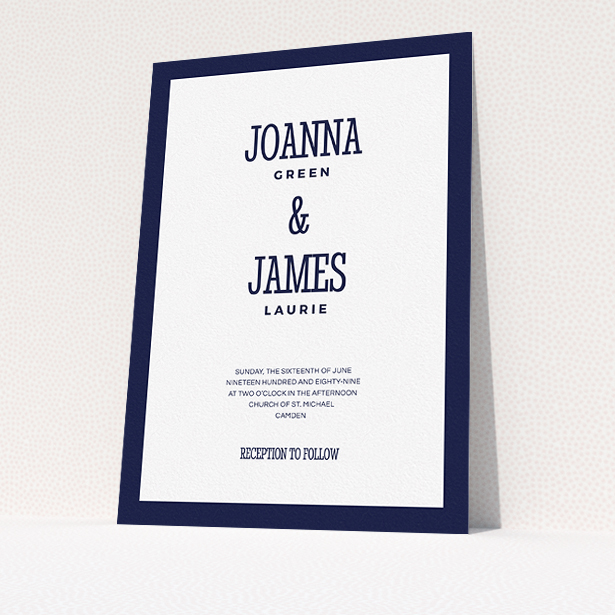 A wedding invite card template titled "Bold border". It is an A5 invite in a portrait orientation. "Bold border" is available as a flat invite, with tones of navy blue and white.