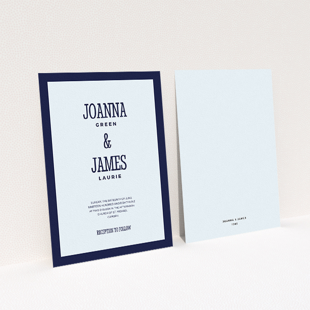 A wedding invite card design titled "Bold border". It is an A5 invite in a portrait orientation. "Bold border" is available as a flat invite, with mainly blue colouring.
