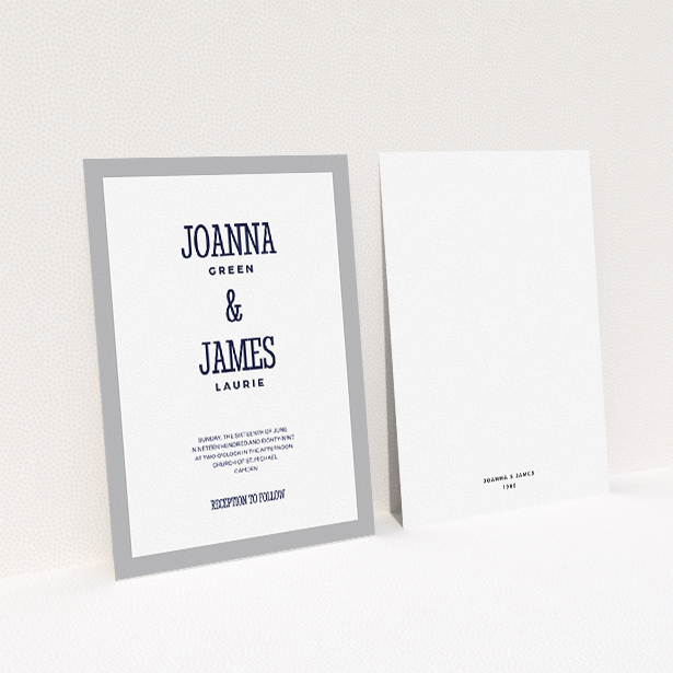 A wedding invite card called "Bold border". It is an A5 invite in a portrait orientation. "Bold border" is available as a flat invite, with tones of grey and white.