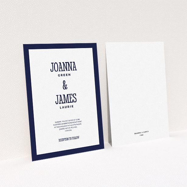 A wedding invite card template titled "Bold border". It is an A5 invite in a portrait orientation. "Bold border" is available as a flat invite, with tones of navy blue and white.