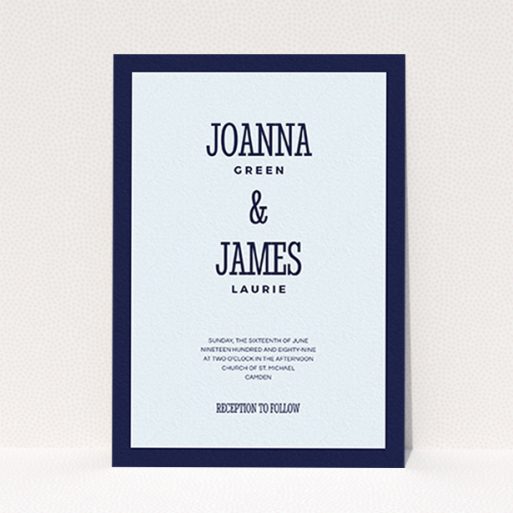 A wedding invite card design called "Bold border". It is an A6 invite in a portrait orientation. "Bold border" is available as a flat invite, with mainly blue colouring.