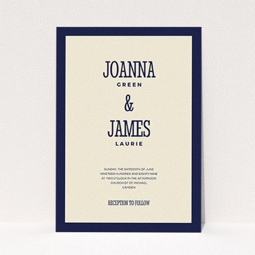 A wedding invite card template titled "Bold border". It is an A6 invite in a portrait orientation. "Bold border" is available as a flat invite, with tones of cream and navy blue.