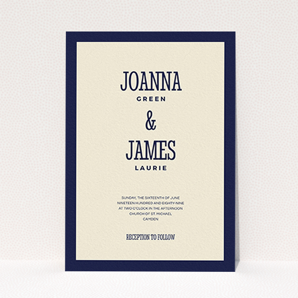 A wedding invite card template titled "Bold border". It is an A6 invite in a portrait orientation. "Bold border" is available as a flat invite, with tones of cream and navy blue.
