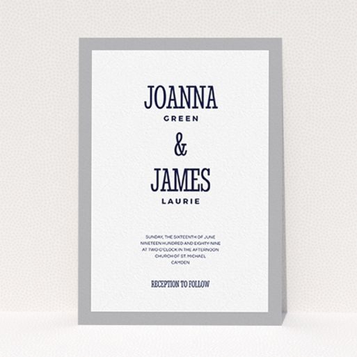 A wedding invite card named "Bold border". It is an A6 invite in a portrait orientation. "Bold border" is available as a flat invite, with tones of grey and white.