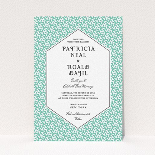 A wedding invite card design named "Born in the 80s". It is an A6 invite in a portrait orientation. "Born in the 80s" is available as a flat invite, with tones of green and white.