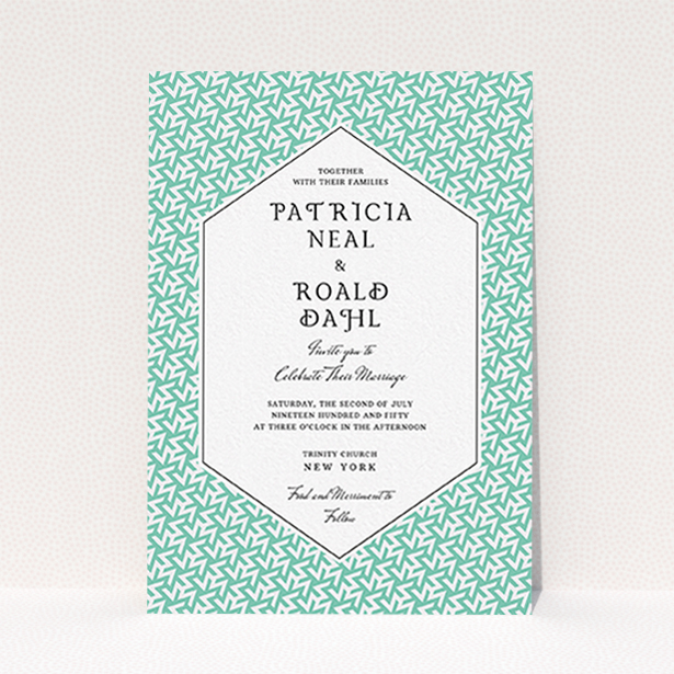 A wedding invite card design named "Born in the 80s". It is an A6 invite in a portrait orientation. "Born in the 80s" is available as a flat invite, with tones of green and white.