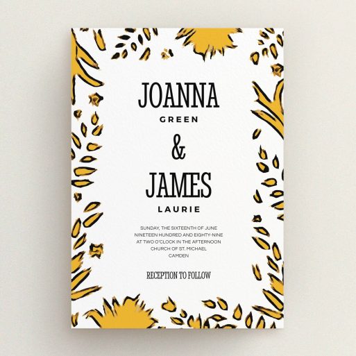 A wedding invite card design named "Botanical tiger". It is an A5 invite in a portrait orientation. "Botanical tiger" is available as a flat invite, with tones of white and yellow.