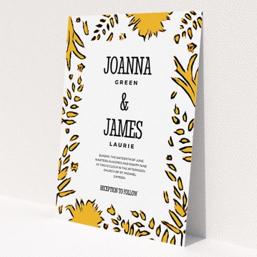 A wedding invite card design named 'Botanical tiger'. It is an A5 invite in a portrait orientation. 'Botanical tiger' is available as a flat invite, with tones of white and yellow.