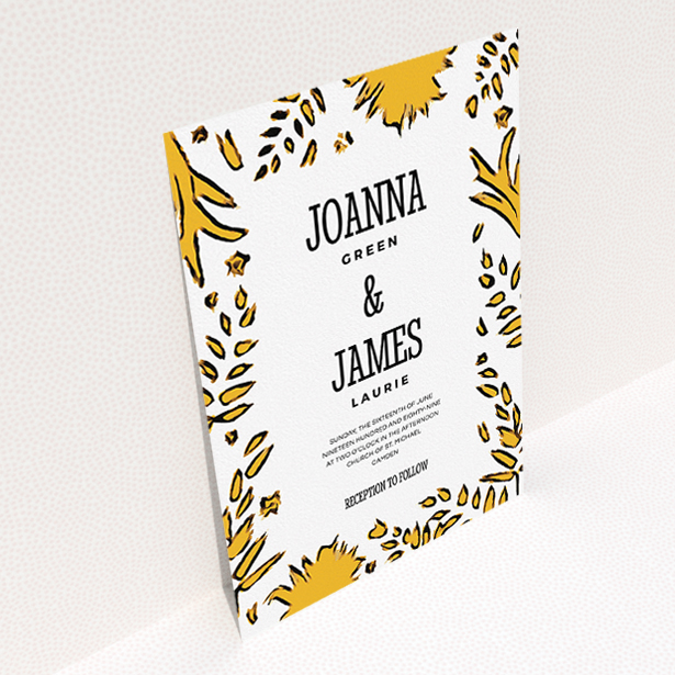 A wedding invite card design named "Botanical tiger". It is an A5 invite in a portrait orientation. "Botanical tiger" is available as a flat invite, with tones of white and yellow.