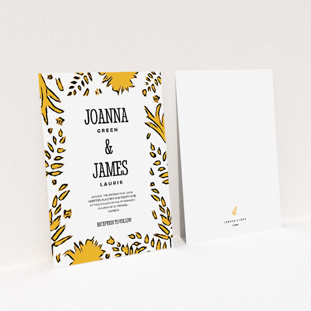 A wedding invite card design named "Botanical tiger". It is an A5 invite in a portrait orientation. "Botanical tiger" is available as a flat invite, with tones of white and yellow.
