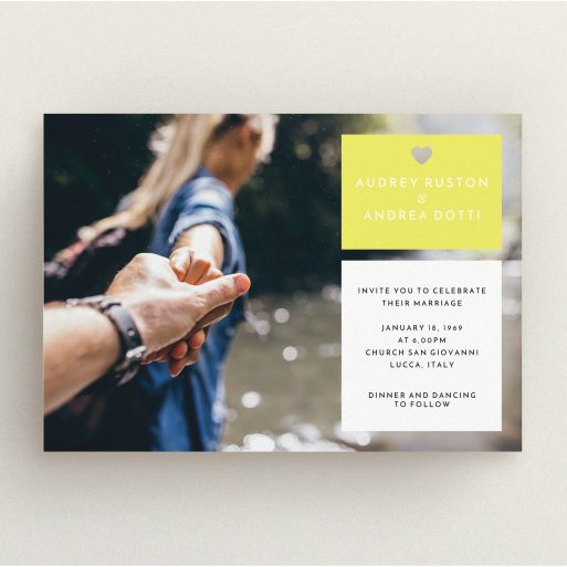 A wedding invite card named "Boxed In". It is an A5 invite in a landscape orientation. It is a photographic wedding invite card with room for 1 photo. "Boxed In" is available as a flat invite, with mainly yellow colouring.