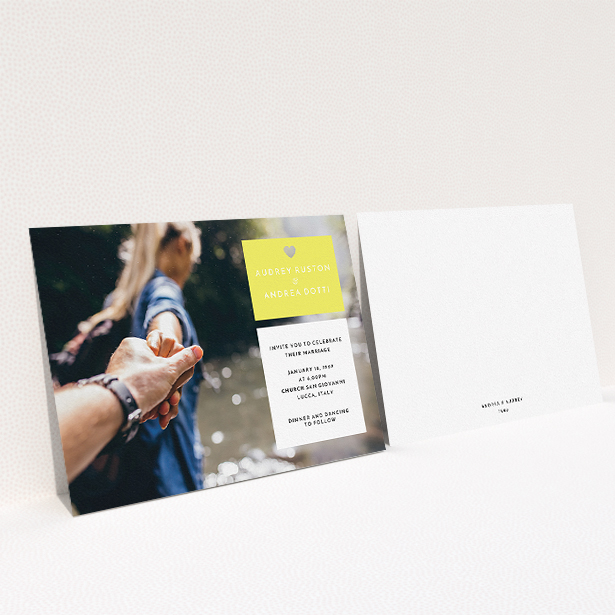 A wedding invite card named "Boxed In". It is an A5 invite in a landscape orientation. It is a photographic wedding invite card with room for 1 photo. "Boxed In" is available as a flat invite, with mainly yellow colouring.