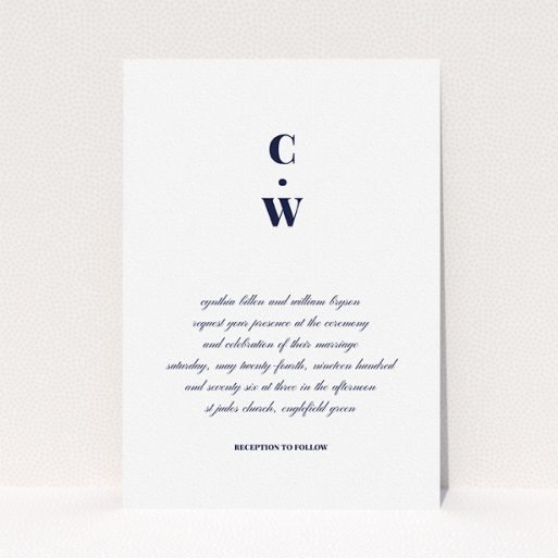 A wedding invite card template titled "Bullet point". It is an A5 invite in a portrait orientation. "Bullet point" is available as a flat invite, with mainly white colouring.