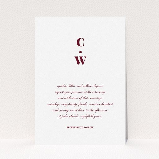 A wedding invite card named "Bullet point". It is an A5 invite in a portrait orientation. "Bullet point" is available as a flat invite, with tones of white and burgundy.