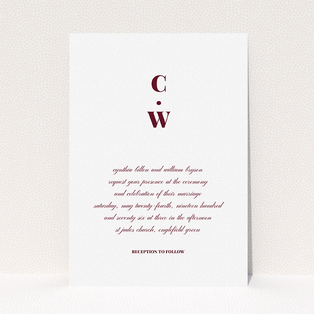 A wedding invite card named "Bullet point". It is an A5 invite in a portrait orientation. "Bullet point" is available as a flat invite, with tones of white and burgundy.