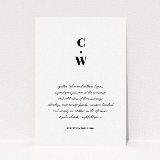 A wedding invite card template titled "Bullet point". It is an A6 invite in a portrait orientation. "Bullet point" is available as a flat invite, with tones of black and white.