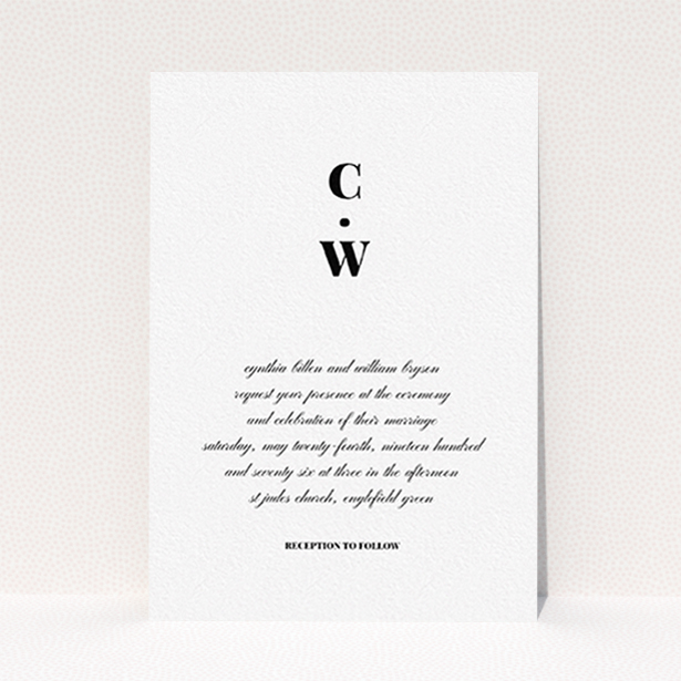 A wedding invite card template titled "Bullet point". It is an A6 invite in a portrait orientation. "Bullet point" is available as a flat invite, with tones of black and white.